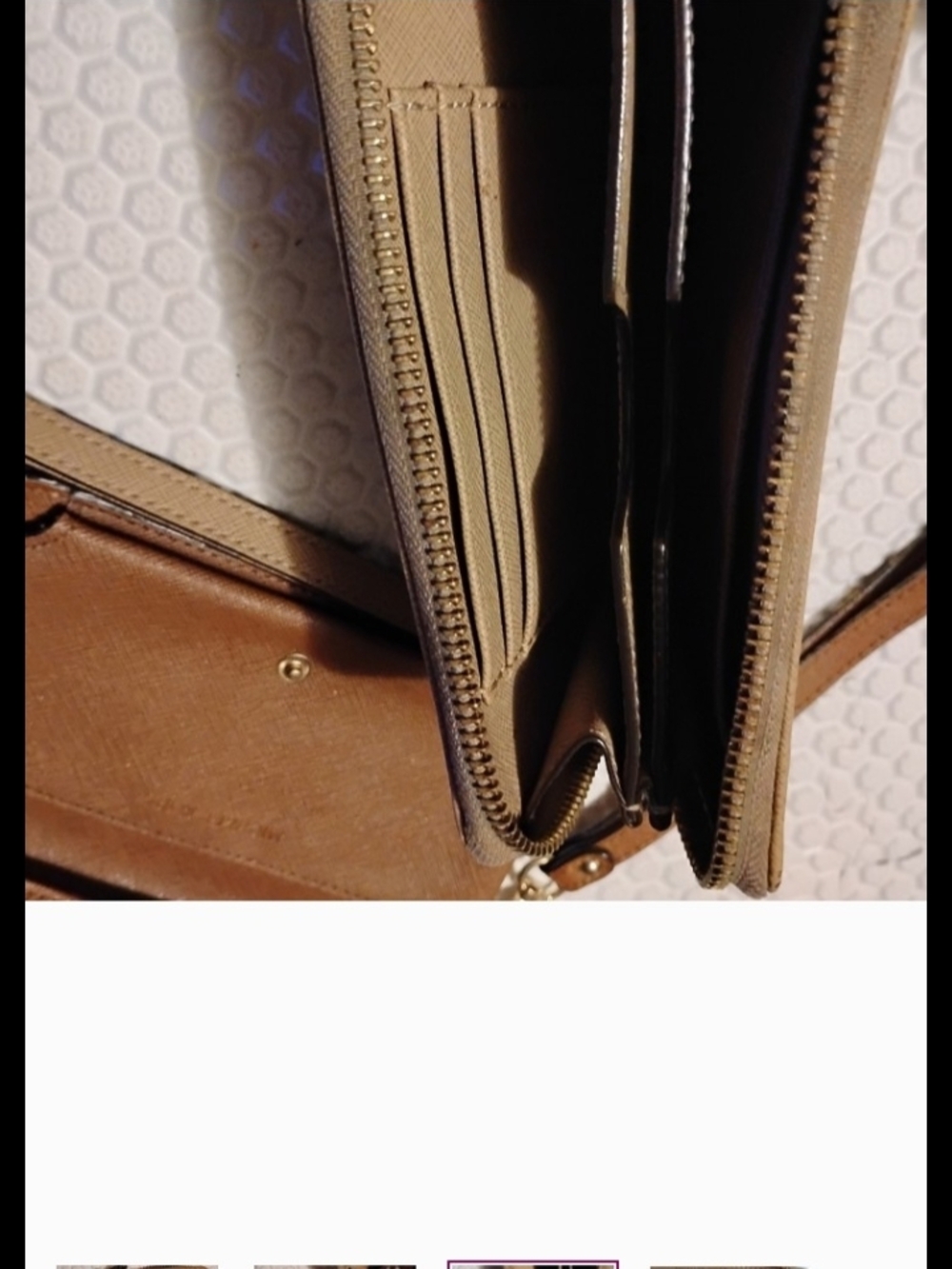 Michael Kors Beige/Tan Leather Wristlet Clutch with Gold Plate - Picture 4 of 6